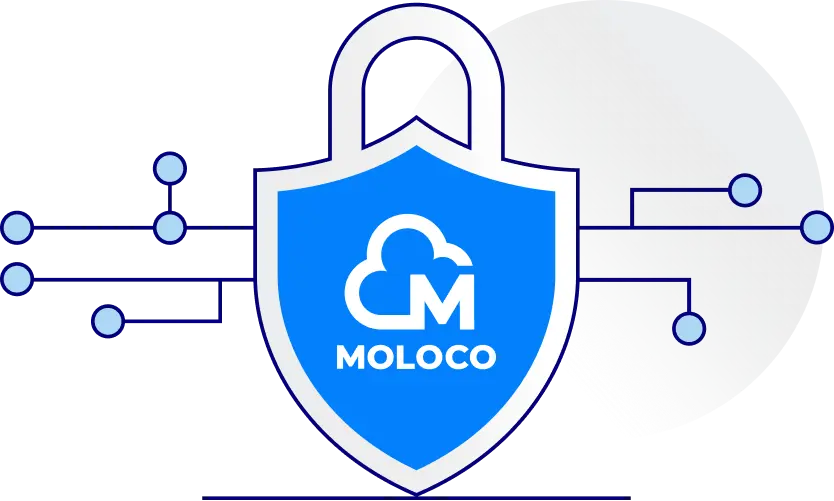 Grey and blue security badge with the Moloco logo on the inside.