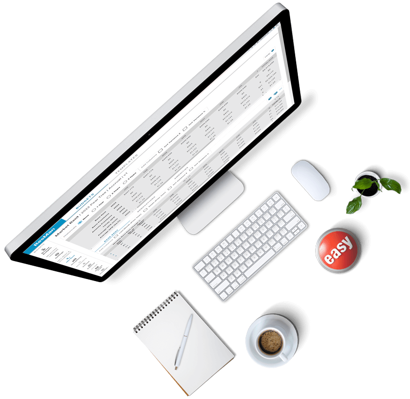 Overhead view of a desktop computer with a keyboard, digital tablet, and red Easy button