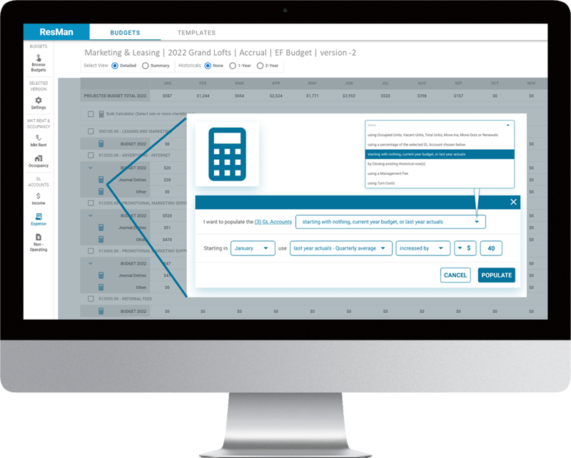 Desktop computer showing the ResMan BudgetsPro product