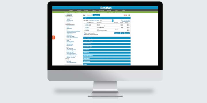 A computer monitor with the ResMan Payments module on the screen.