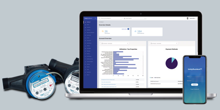 A laptop with the ResMan Utilities module on the screen and utility meters.