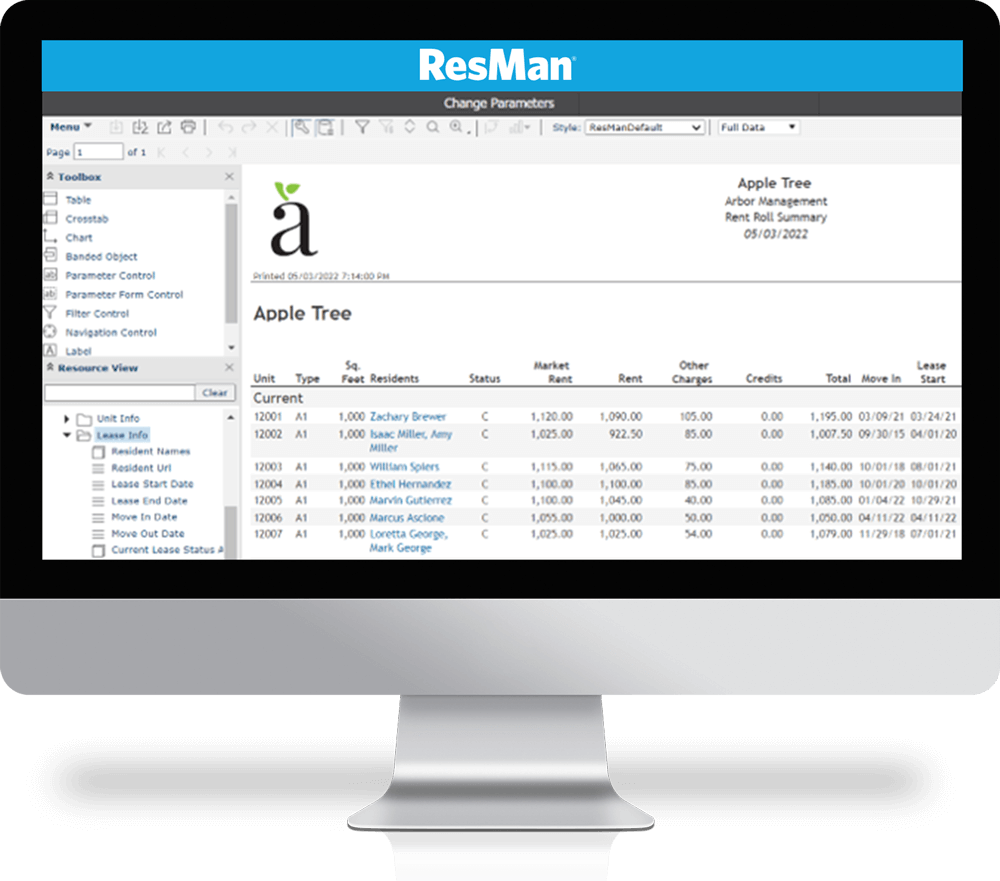 Desktop computer showing ResMan ReportsPro tool