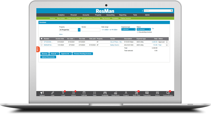 Laptop showing a screenshot of ResMan invoice processing