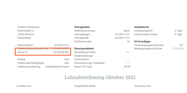 Die Steueridentifikationsnummer auf dem Lohnzettel finden: Beispiel