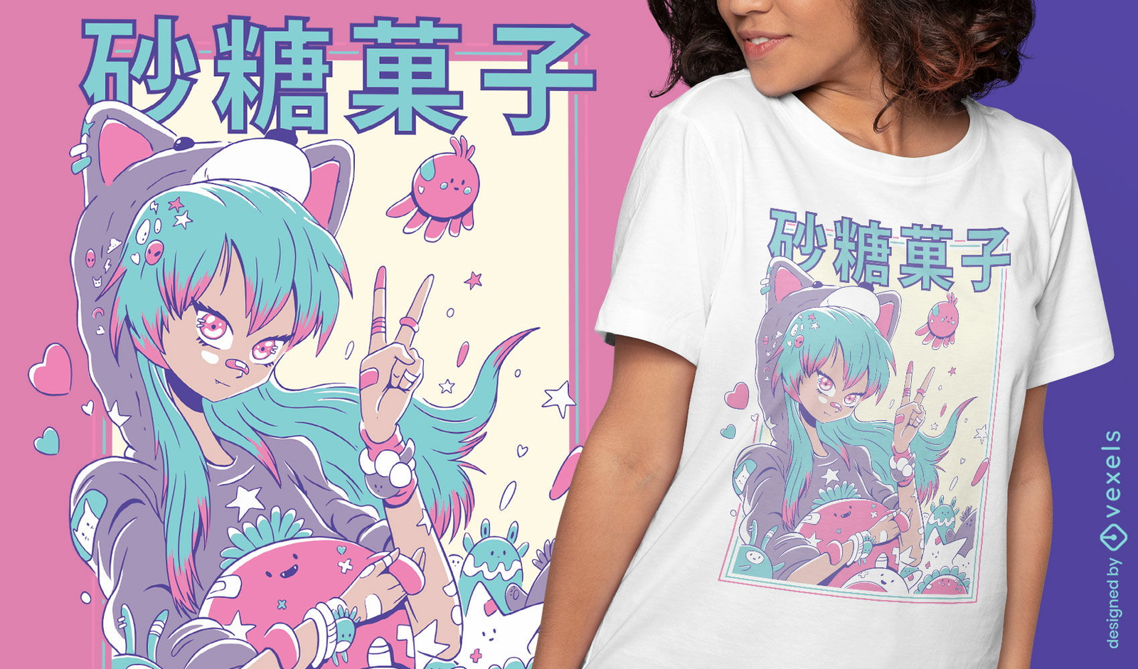 Nettes Anime-Mädchen mit Plüsch-T-Shirt-Design