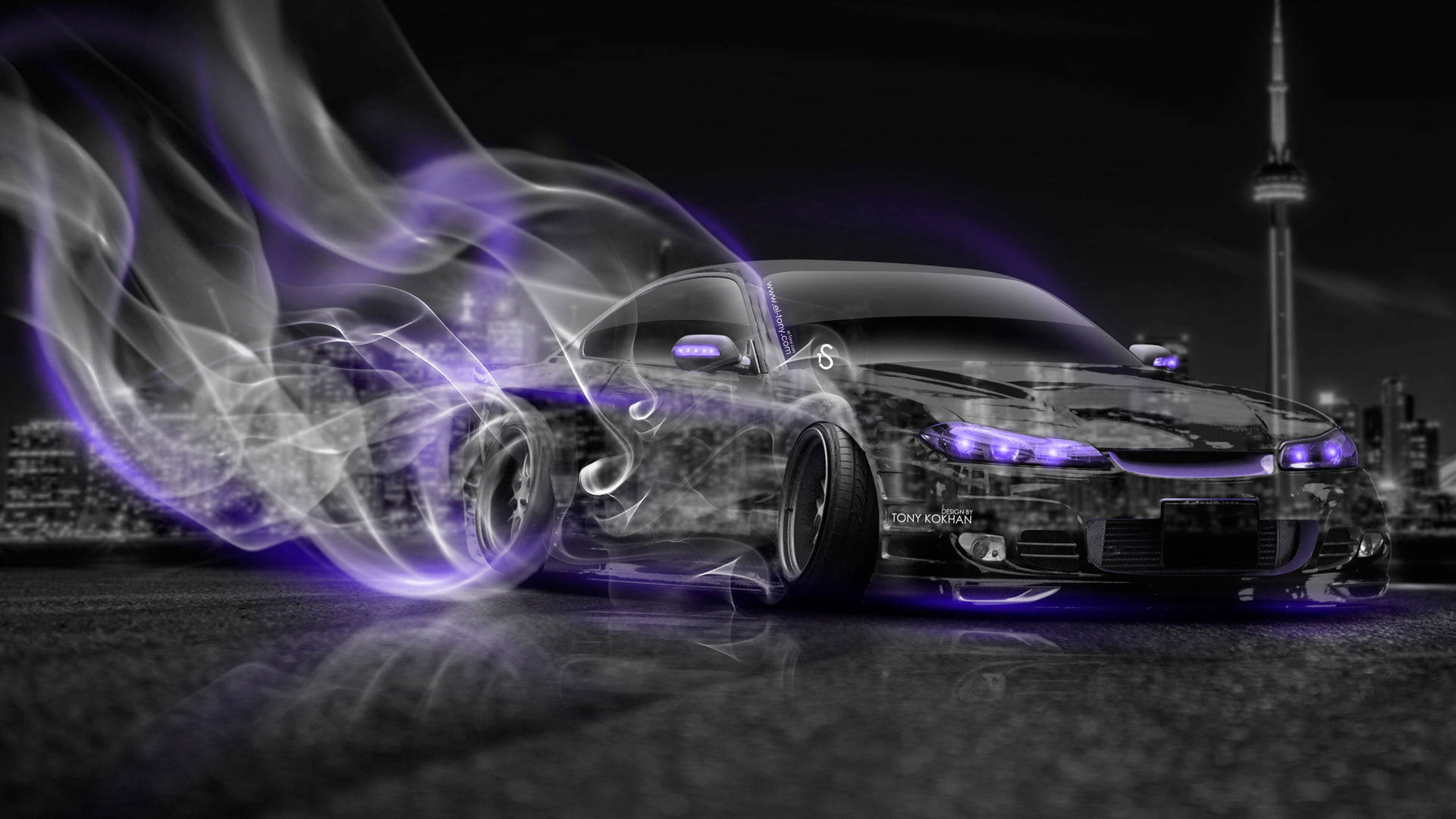 Unleashing the Night - A Black Car in Neon Smoke Wallpaper