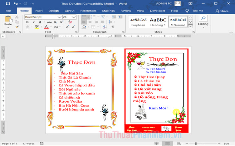 Mẫu thực đơn đám cưới file Word