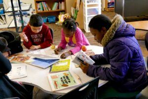 group of students working at table