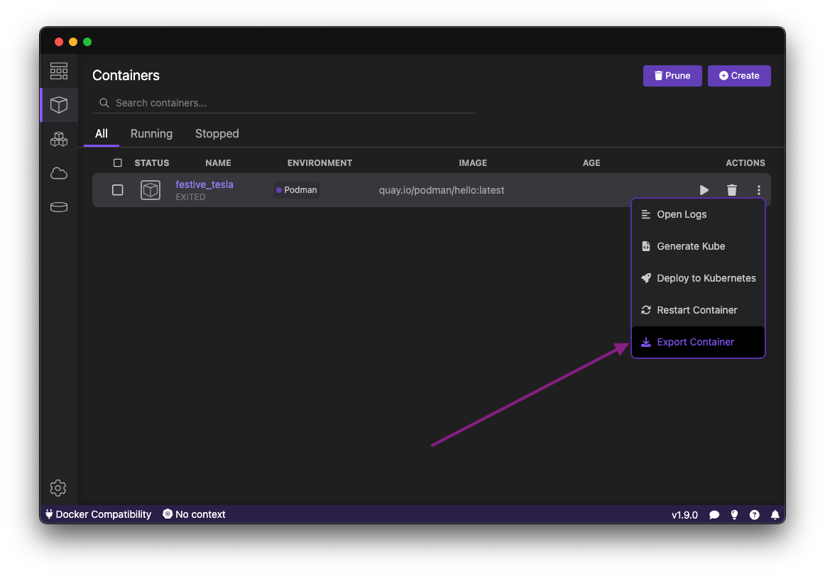 Select containers to export