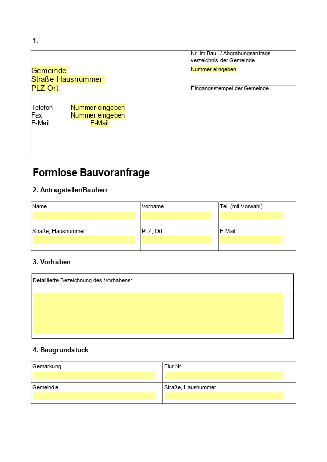 Formular für Bauvoranfrage