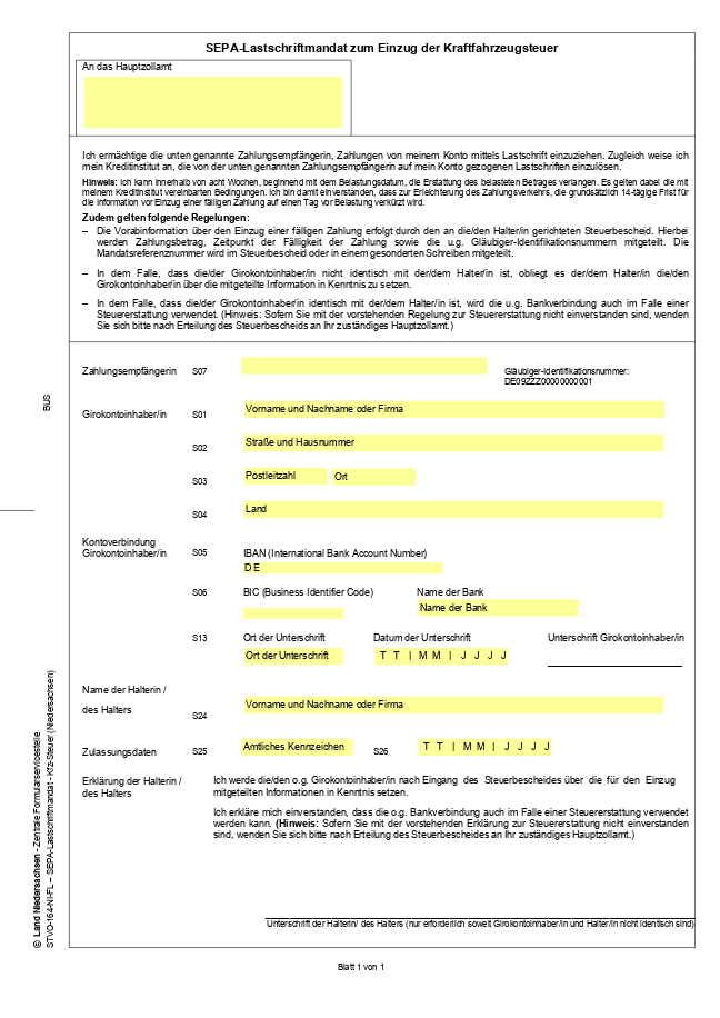 SEPA-Lastschriftmandat zum Einzug der KFZ-Steuer