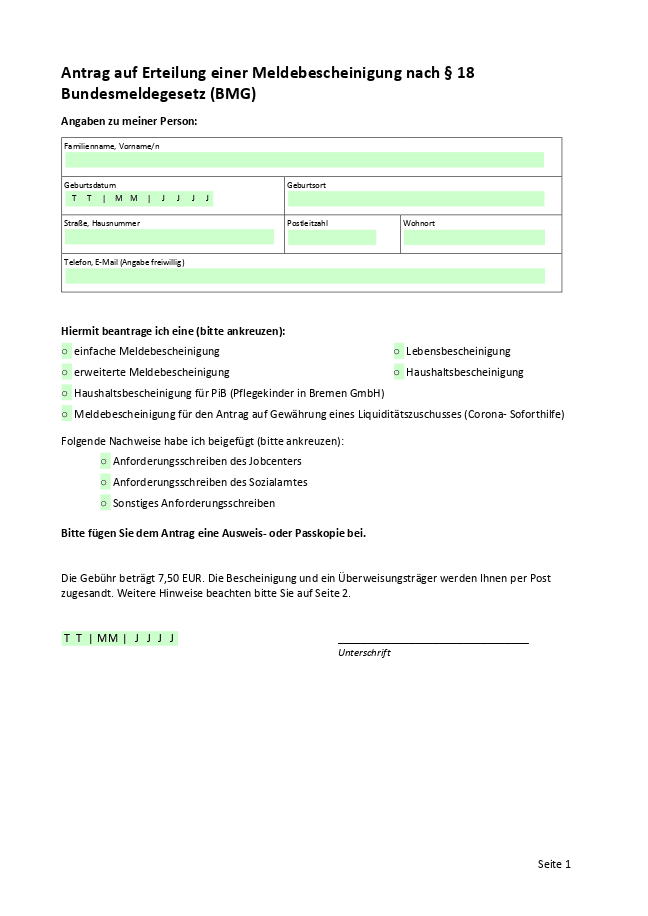 Formular für Meldebescheinigung