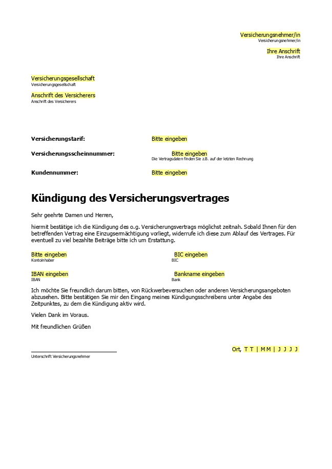 Antrag auf Kündigung des Versicherungsvertrages