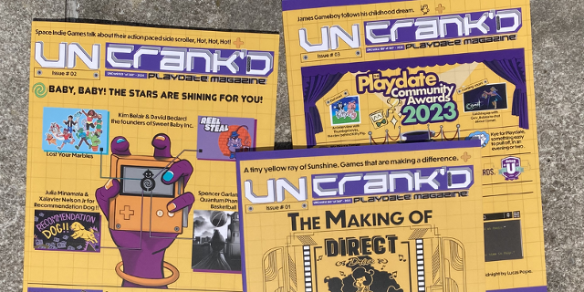 Three Uncrank'd magazines lying next to each other outside on a stone bench.