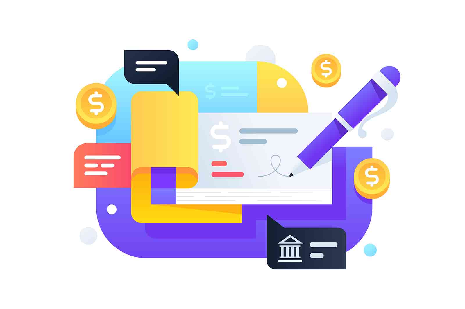 Modern pen signs checkbook for transmission money from banking system. Icon concept of service for cashless payment and protection dollars. 