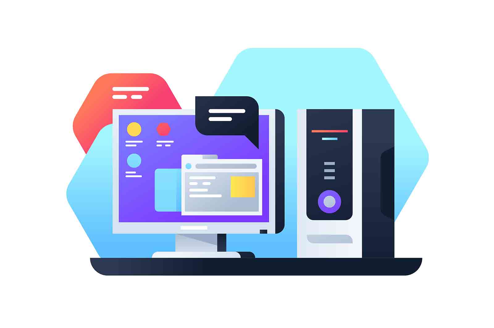 Desktop computer using modern app for working with data. Isolated icon of system unit with monitor and interface screen using web browser.