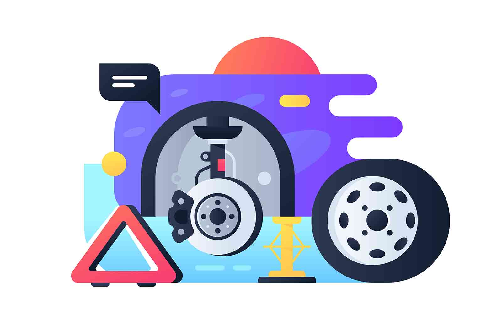 Modern wheel replacement process in car service. Isolated icon concept vehicle repair using jack, warning triangle in online web style.