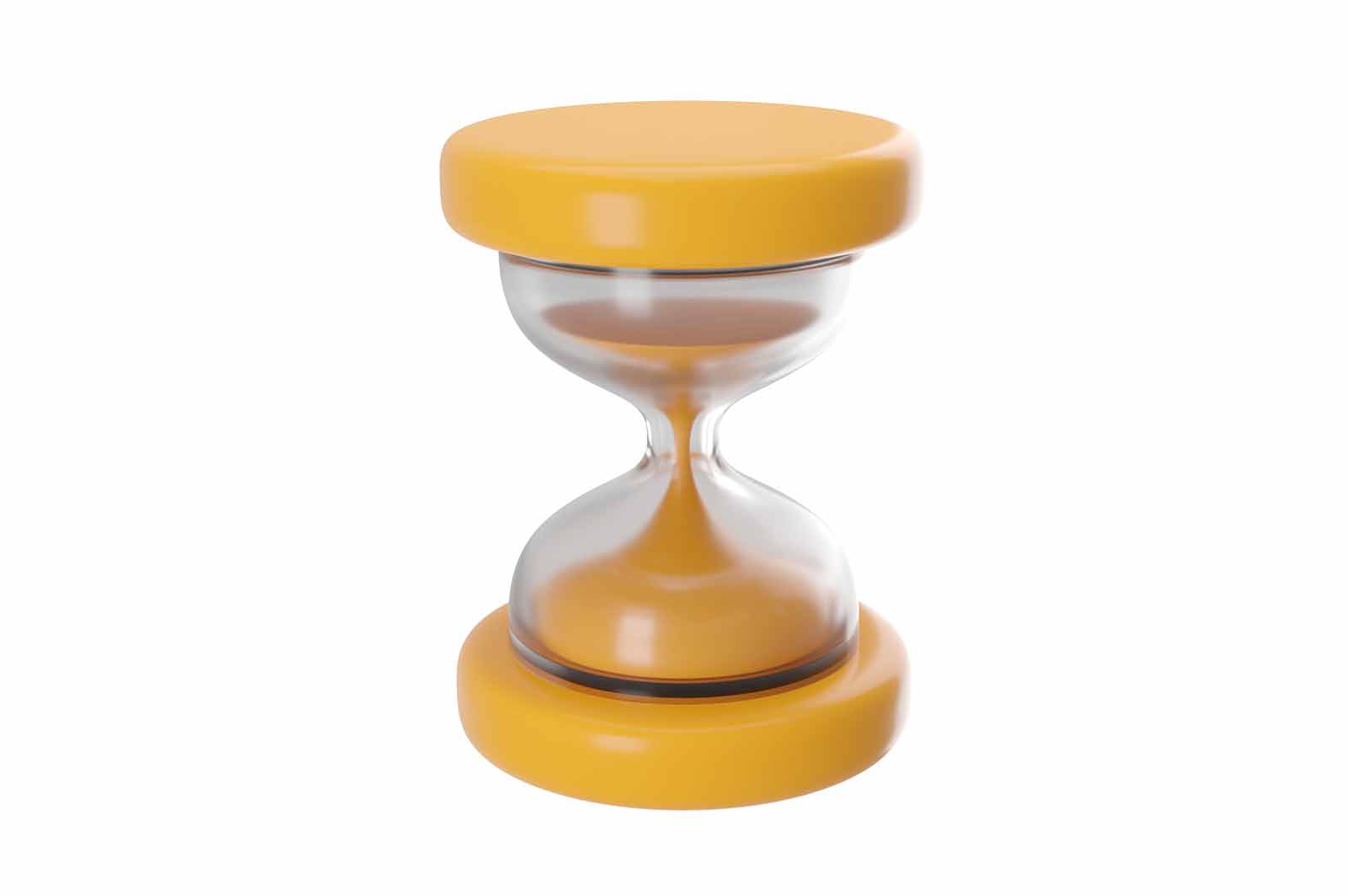 Hourglass is a 3d rendered illustration of a glass device that measures time by the flow of sand from one section to another. It has a yellow base and top and a silver metal frame. The sand in the hourglass is white and is about halfway through the top section.