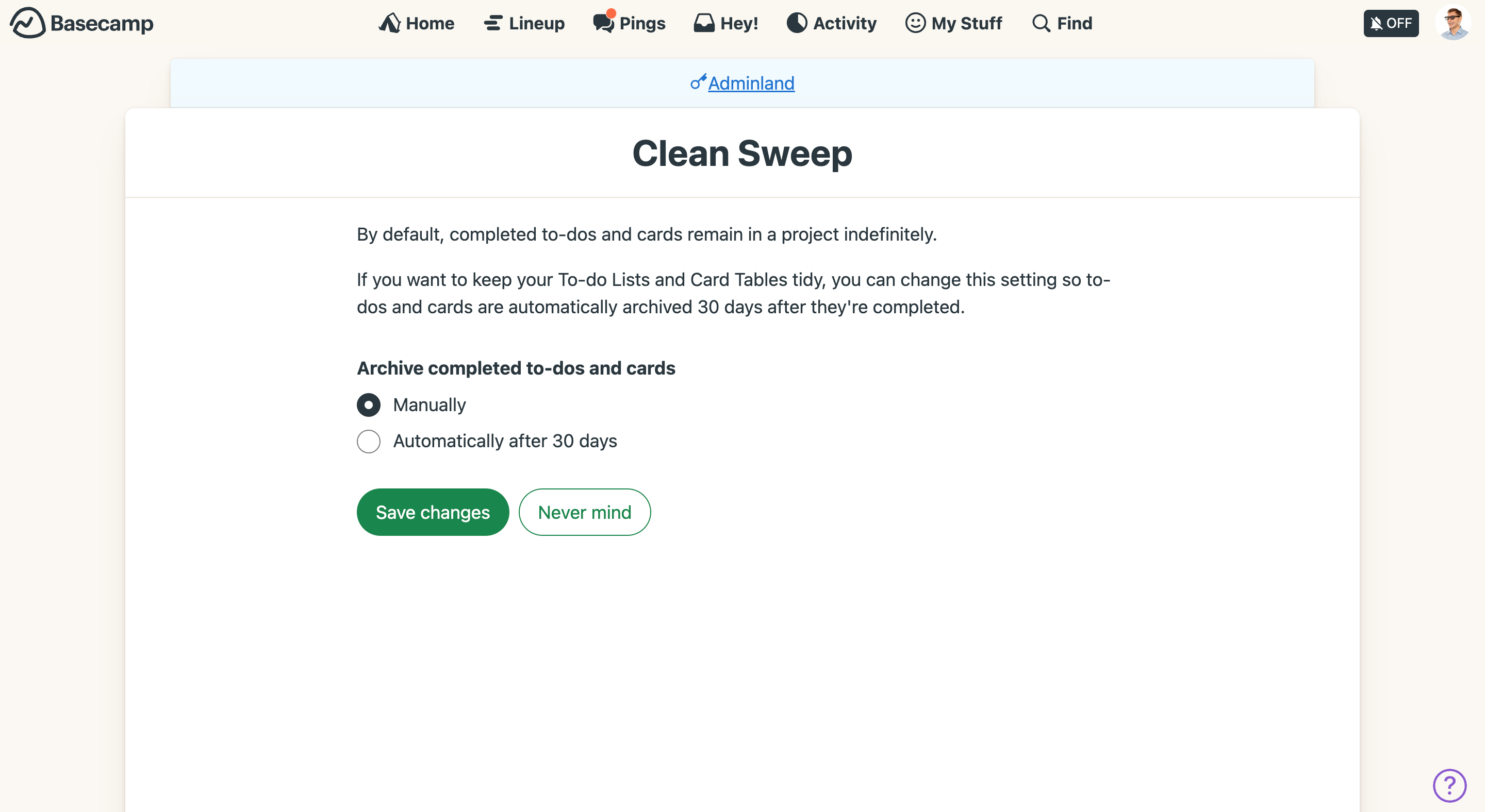An image showing the clean sweep page in adminland, where you can set to-dos and cards that are completed to automatically archive after 30 days, or manually