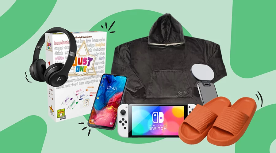 collection of gifts such as Nintendo Switch, headphones, cloud slides, and board game.