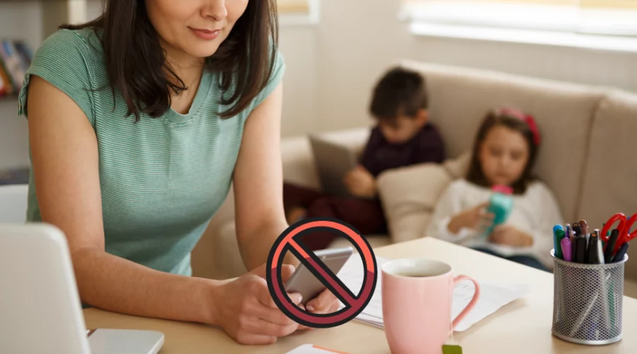 parent on phone with illustrated cancel emoji