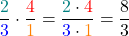 \[ \frac{ \textcolor{teal}{2}}{ \textcolor{blue}{3}} \cdot \frac{\textcolor{red}{4}}{\textcolor{orange}{1}} = \frac{ \textcolor{teal}{2} \cdot \textcolor{red}{4}}{\textcolor{blue}{3} \cdot \textcolor{orange}{1}} = \frac{8}{3}\]