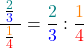 \[ \frac{ \; \frac{ \textcolor{teal}{2}}{ \textcolor{blue}{3}} \;}{ \frac{\textcolor{orange}{1}}{\textcolor{red}{4}}} = \frac{ \textcolor{teal}{2}}{ \textcolor{blue}{3}} : \frac{\textcolor{orange}{1}}{\textcolor{red}{4}}  \]