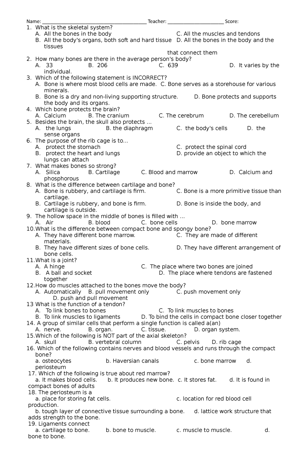 Skeletal system unit test - Name ...