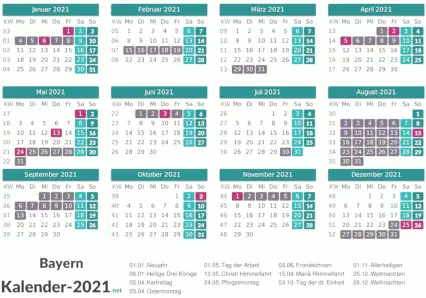 Kalender mit Ferien Bayern 2021 Vorschau