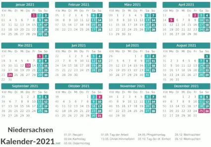 Niedersachsen Kalender 2021 + Feiertage Vorschau