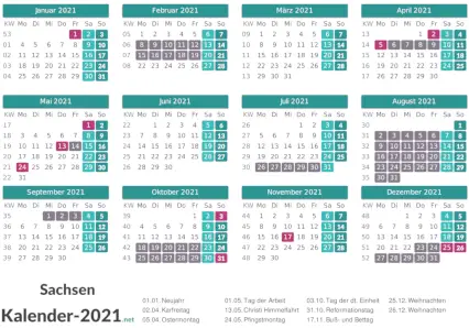 Kalender mit Ferien Sachsen 2021 Vorschau