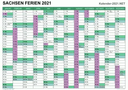 Kalender mit Ferien Sachsen 2021 Vorschau