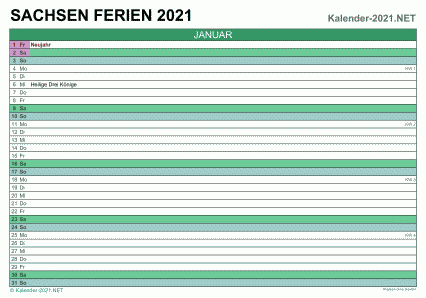 Monatskalender mit Ferien Sachsen 2021 Vorschau