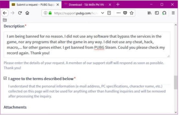 Điền nội dung yêu cầu lấy lại tài khoản PUBG Steam khi bị ban