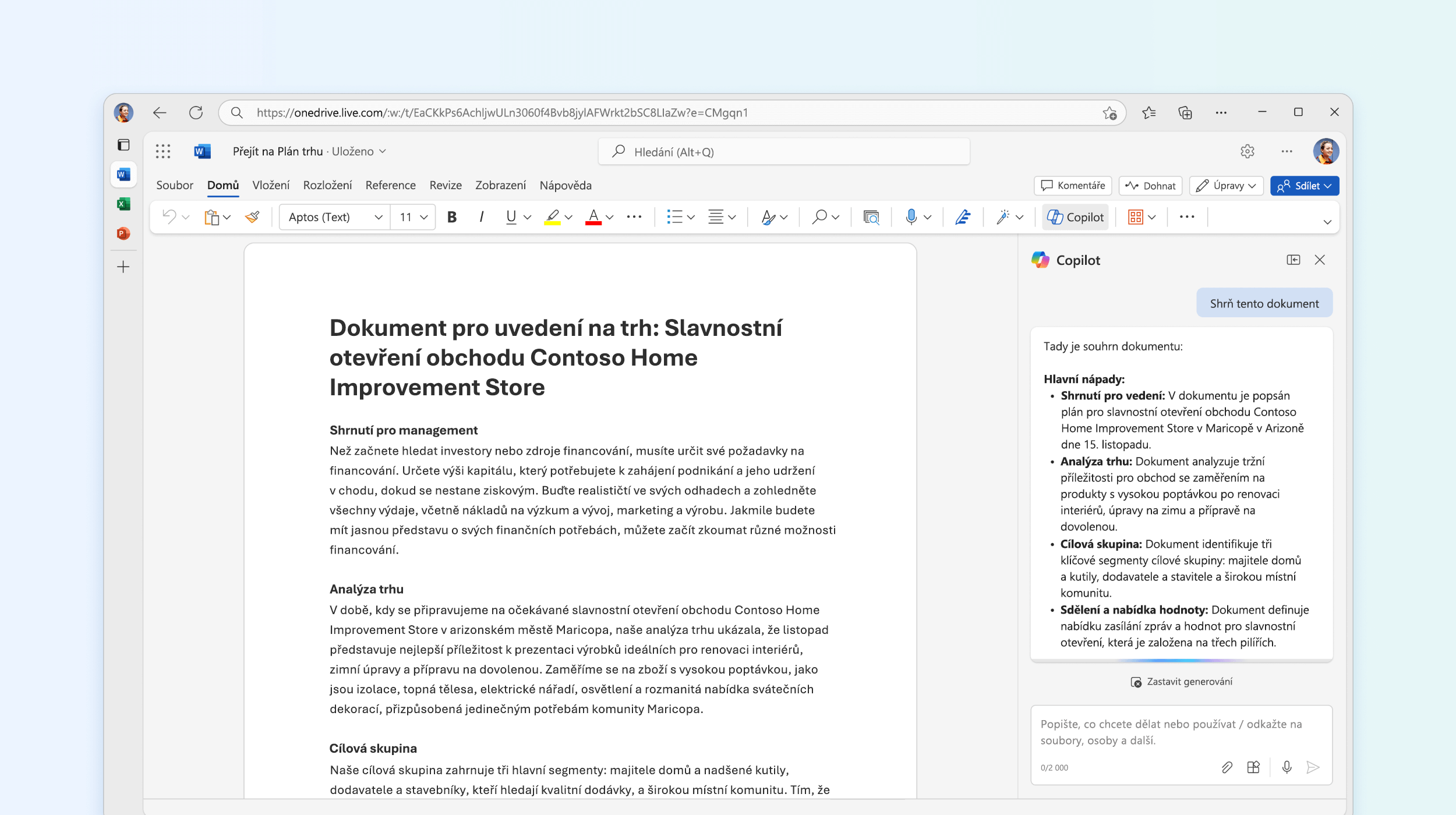 Snímek obrazovky znázorňující Copilot ve Wordu, když vytváří souhrn dokumentu.