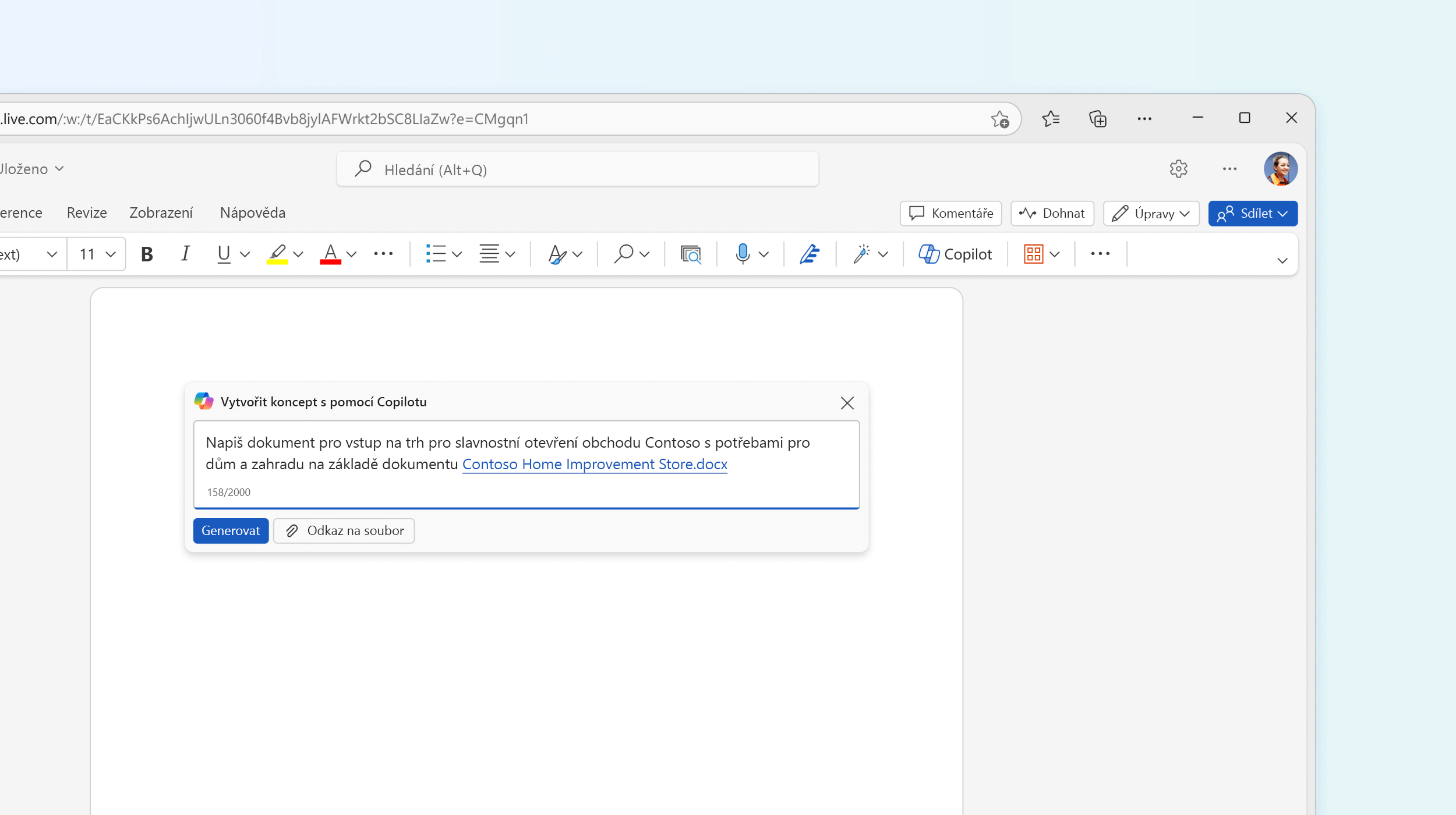 Snímek obrazovky znázorňující koncept s Copilotem ve Wordu
