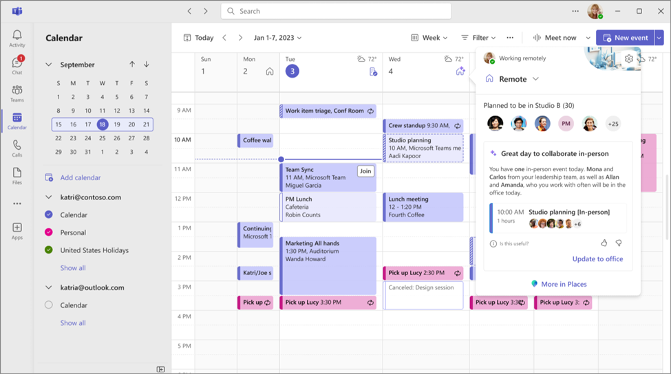 Screenshot showing in-person office recommendations by Places in Teams.