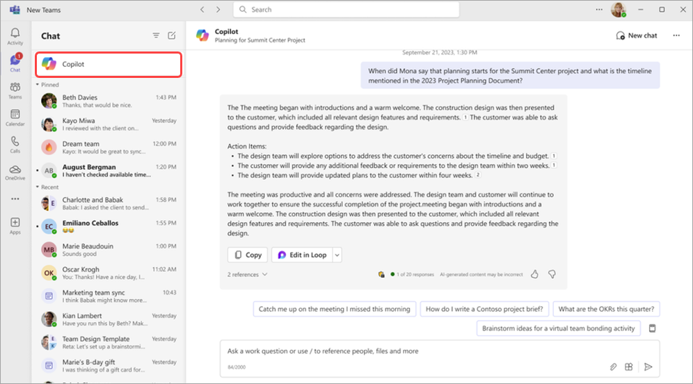 Skærmbillede, der fremhæver Copilot-appen over chat i Microsoft Teams