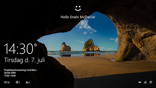 Startskærm med Windows Hello-hilsen