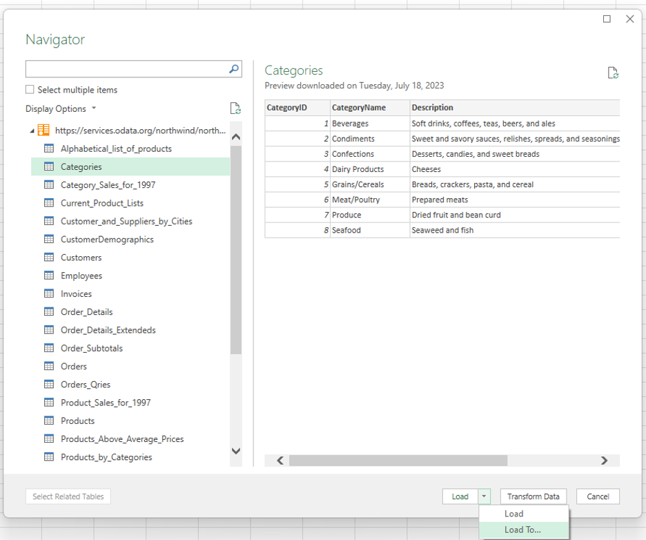 Konfigurer en Power Query forbindelse til Python i Excel. Vælg tabellen Kategorier fra OData.