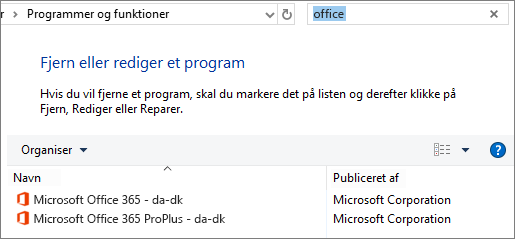 Viser to kopier af Office installeret i Kontrolpanel
