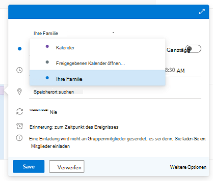 Das Dialogfeld "Neues Ereignis" mit geöffneter Kalenderliste und ausgewählter Familie.