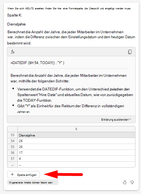 Screenshot des Copilot-Chatbereichs mit Pfeil, der auf die Schaltfläche „Spalte einfügen“ zeigt