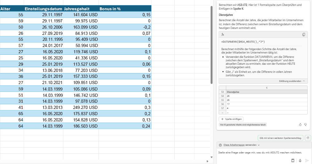 Screenshot eines Excel-Blatts mit geöffnetem Copilot-Chatbereich, in dem eine Formel vorgeschlagen wird.