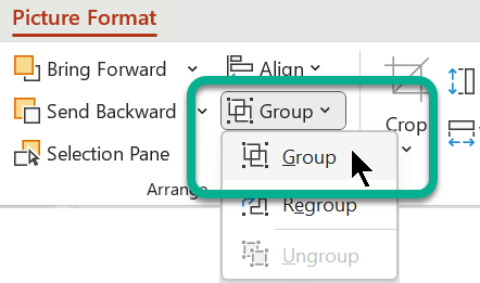 Auf der Registerkarte Bildformat befinden sich die Gruppierungsoptionen im Abschnitt Anordnen.