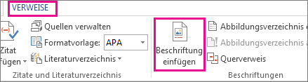 Schaltfläche 'Beschriftung einfügen' auf der Registerkarte 'Verweise'