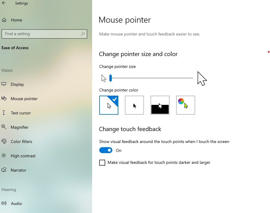 Change pointer size and color in Windows 10 Settings app