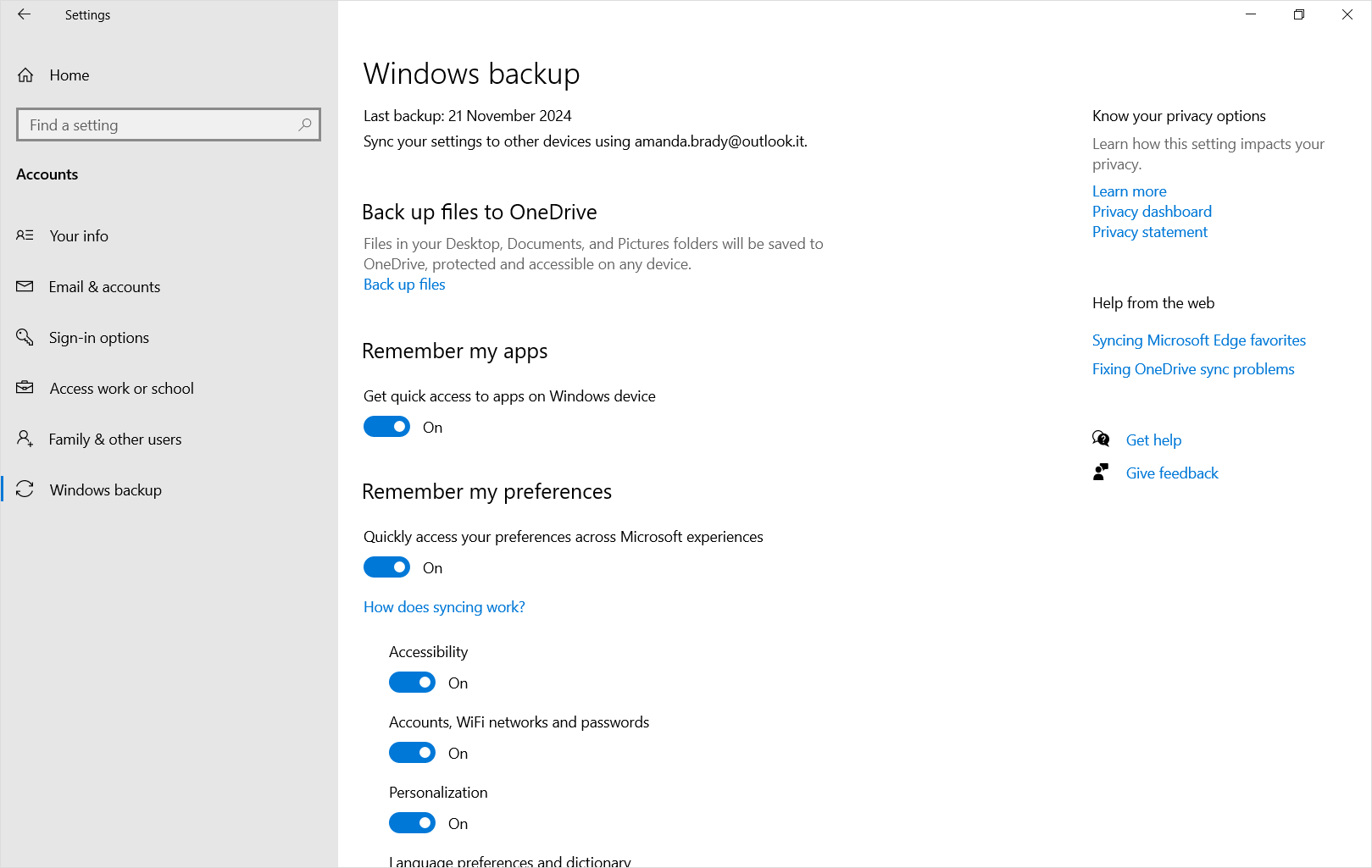 Screenshot of Settings Windows backup in Windows 10.