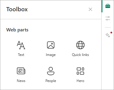 Screenshot showing the Toolbox and some of the available web parts.