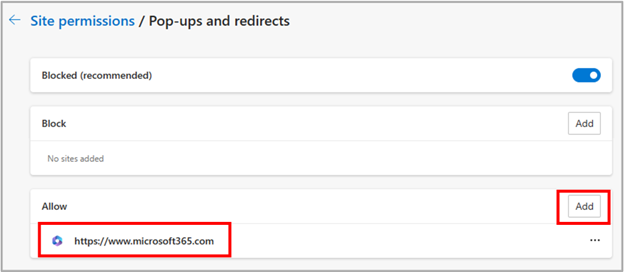 How to add www.microsoft365.com to the Allowed list for pop-ups and redirects under Site Permissions in Microsoft Edge.